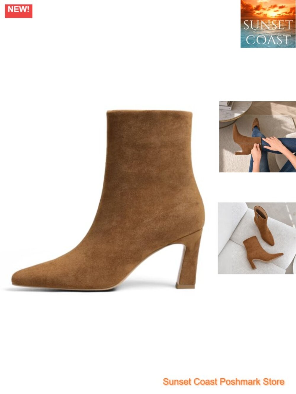 Kitten Heel Ankle Boots Faux Suede Faux Leather Side Zipper